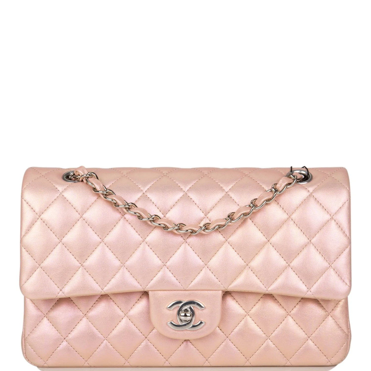 Chanel Medium Classic Double Flap Bag Pink Iridescent Lambskin Silver Hardware